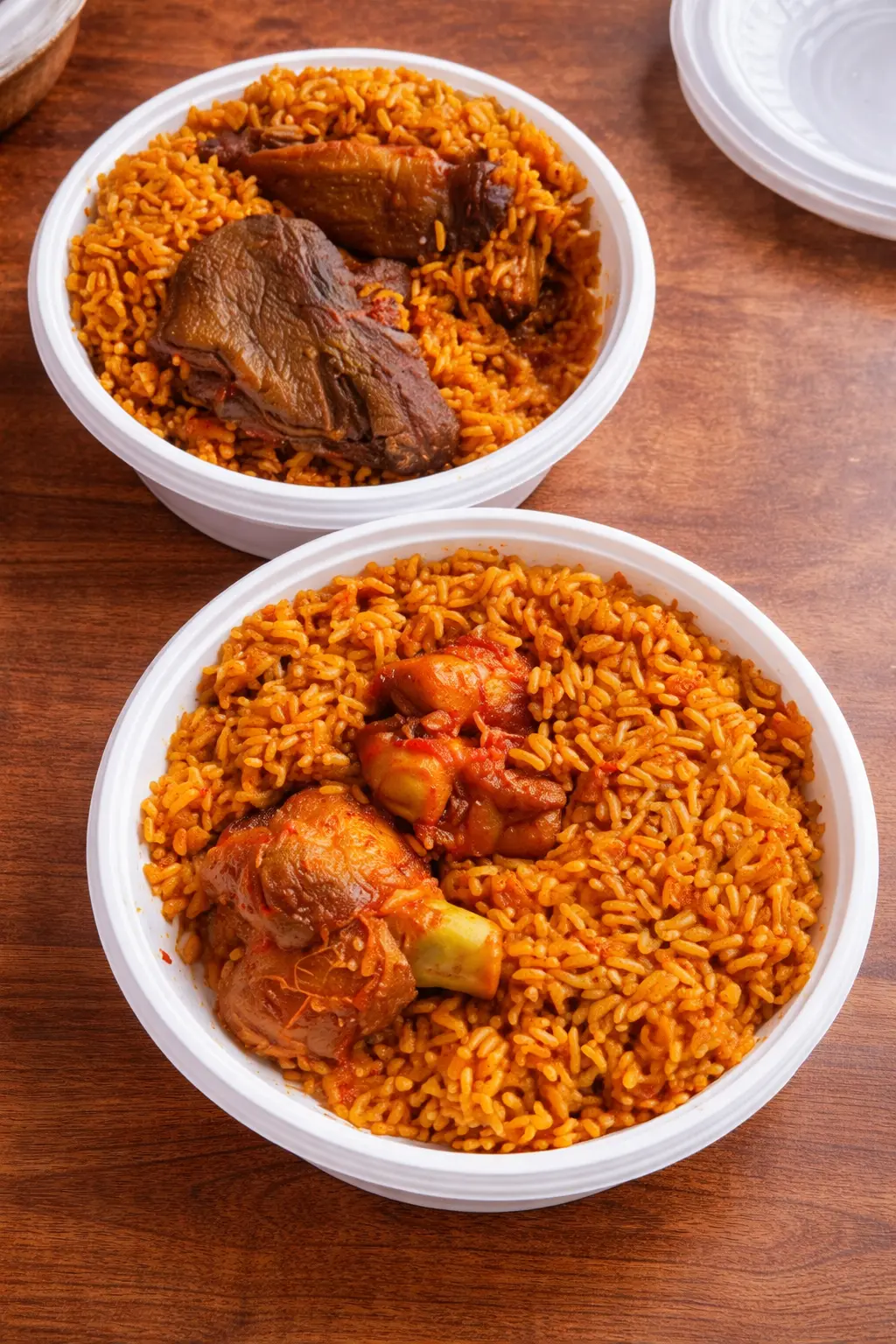 Authentic Jollof Rice with fried plantain (dodo) at Akin's African Restaurant, Winnipeg